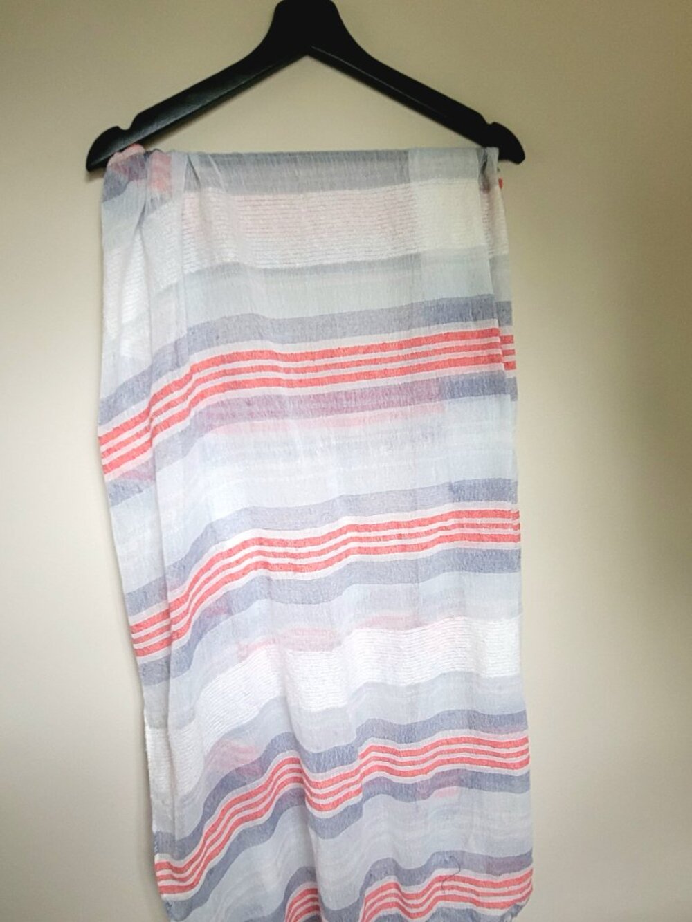 RW&CO Lightweight Spring Scarf White Grey Coral Stripe